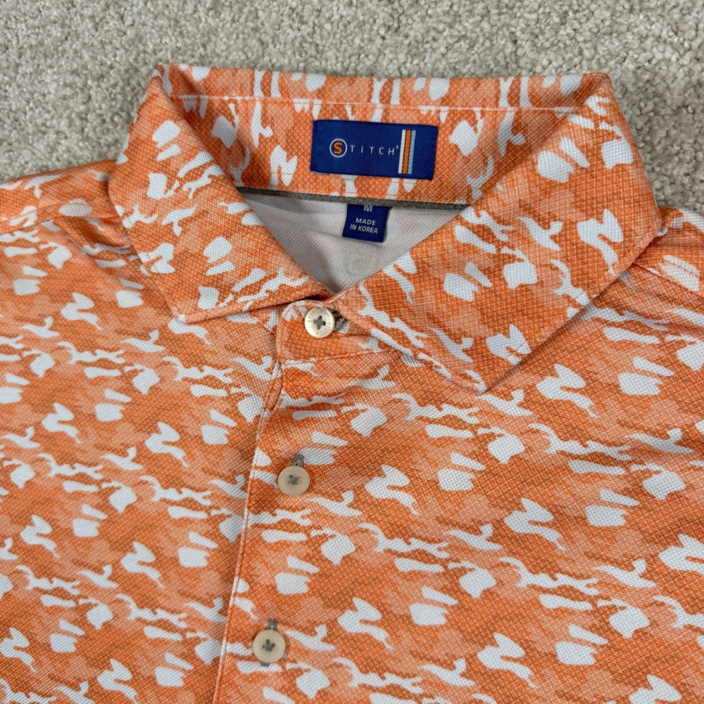 Stitch Golf Polo‎ Shirt Mens Medium Orange White Abstract Performance Stretch